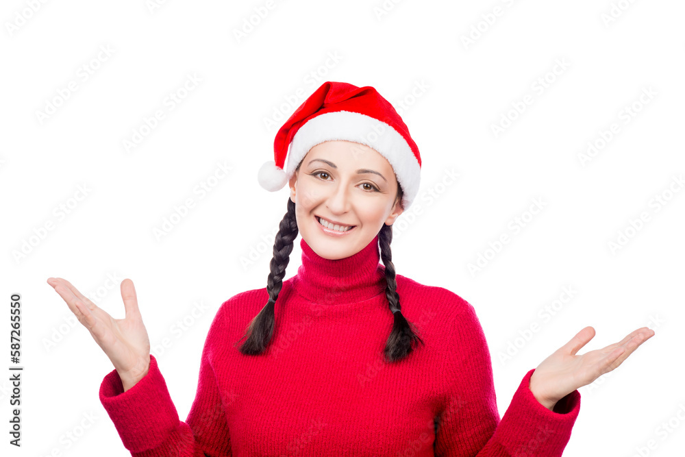 Girl in Santa Hat showing, presenting with two hands open empty for product or text. Isolated on a white background. Girl in Santa Hat showing, presenting with two hands open empty for product or text. Isolated on a white background.