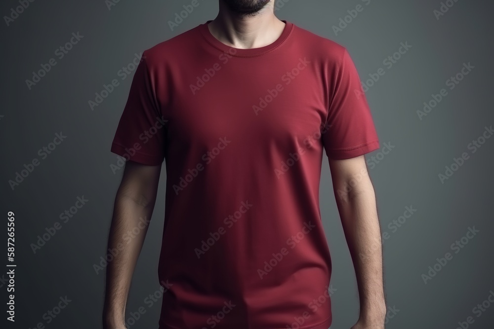 The model is wearing a crimson t-shirt