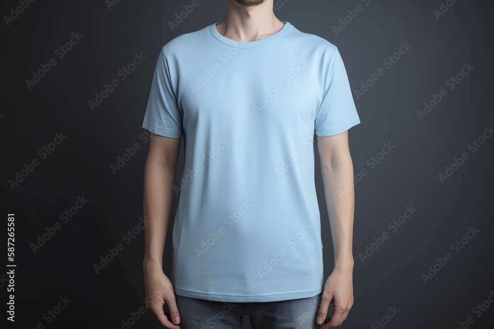 The model is wearing a light blue t-shirt The model is wearing a light blue t-shirt