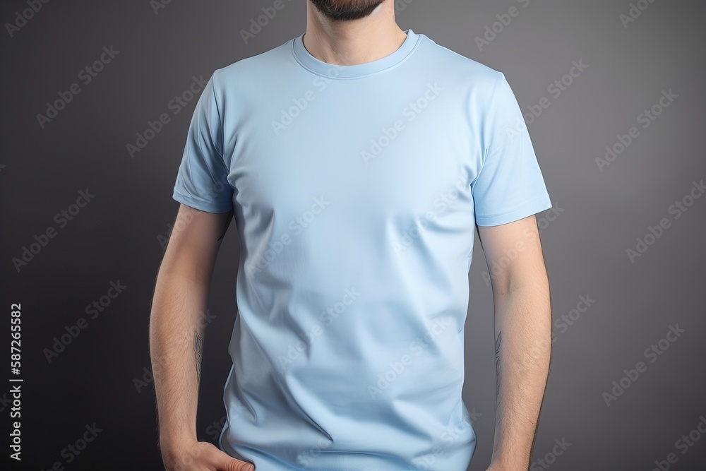 The model is wearing a light blue t-shirt The model is wearing a light blue t-shirt