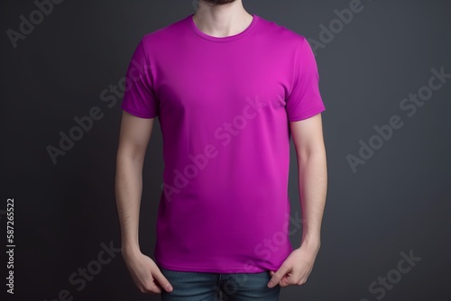 Male model wearing fuchsia t-shirt