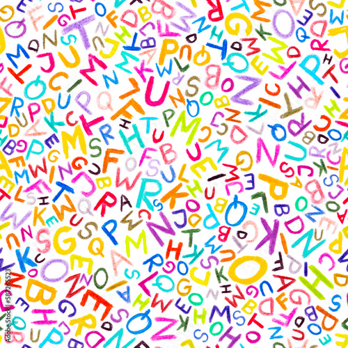 Seamless pattern - Wax Crayon alphabet font letters over white background.