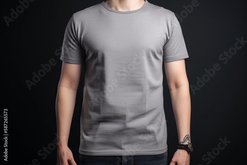 The model is wearing a gray t-shirt