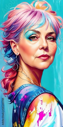 Artistic colorful watercolor portrait of a beautiful alternative older woman, paint splashes. colorful paints smudges, spatter. Senior, granny, elderly, old. generative AI