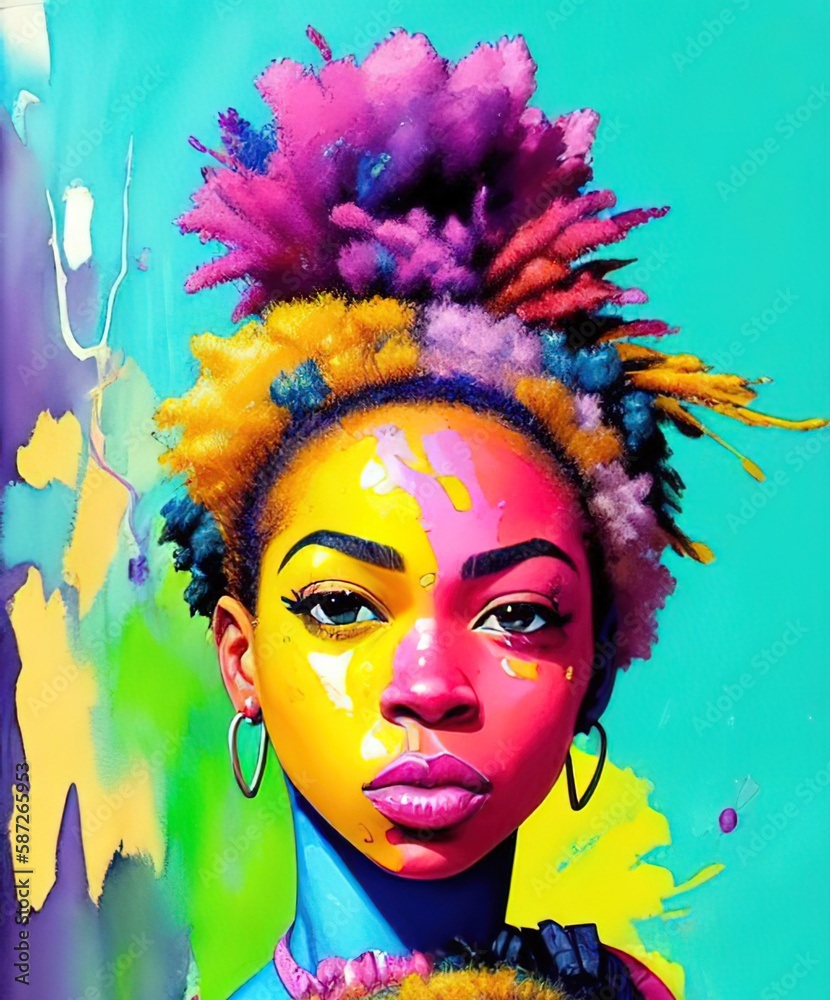 Artistic colorful watercolor portrait of a beautiful alternative African American black young woman, paint splatter, girl paint stains, splatters. generative AI