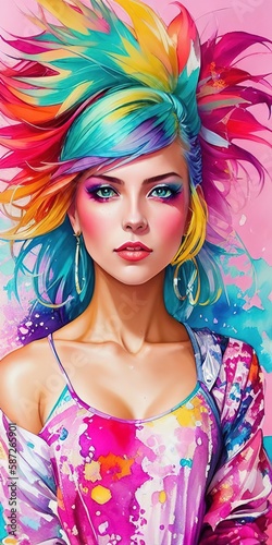Artistic colorful watercolor portrait of an alternative beautiful woman, paint splashes, paint stains, splatters. generative AI
