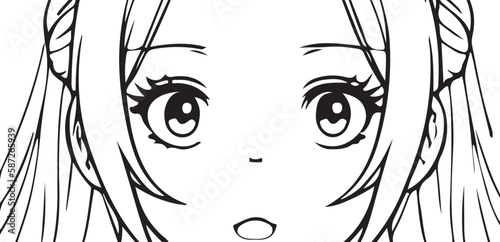 Anime girl surprise closeup eyes horizontal, vector coloring for children