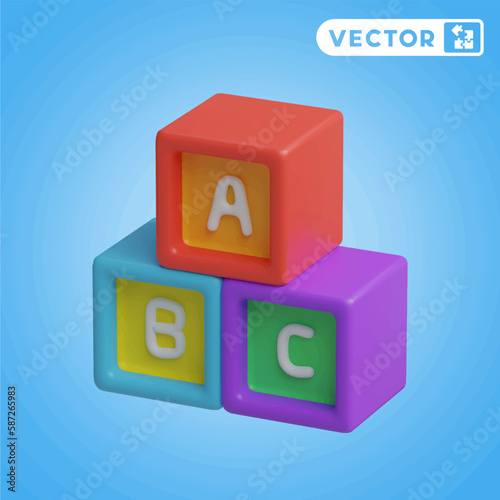 ABC block 3D vector icon set, on a blue background