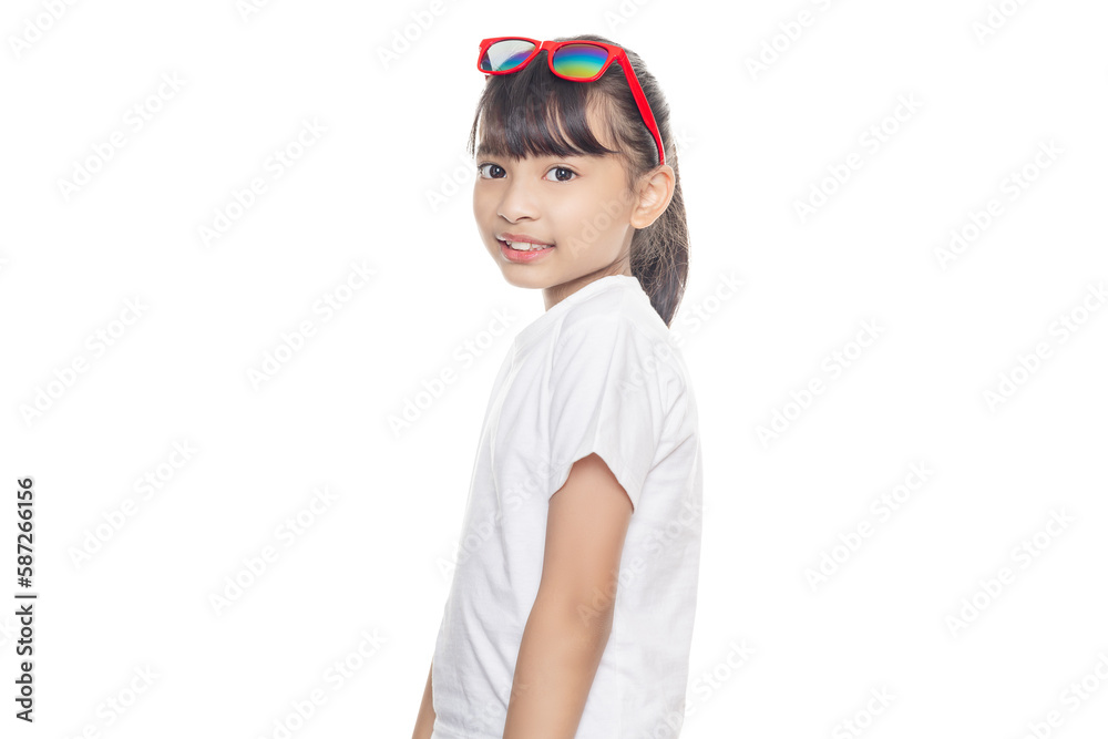 Young Asian girl wearing red sunglasses and standing smiling isolated on white background with clipping path. Young Asian girl wearing red sunglasses and standing smiling isolated on white background with clipping path.