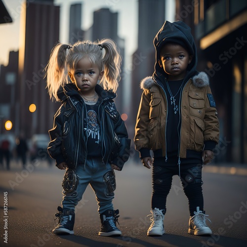 Kawaii cute kids tiny black African American baby boy and blonde litte girl, dressed in street hip hop style leather clothes. Multicultural interacial fashion. City background. generative ai