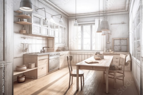 cozy kitchen with table and chairs. Generative AI © AkuAku
