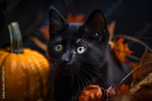 Black kitten and autumn pumpkins, halloween mood. Generative AI