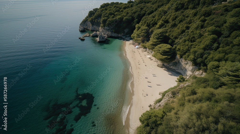 Obraz premium High angle beach photo captured from above showcasing the stunning ocean, coastline, and serene tropical scenery. Perfect for vacation and travel themes. Generative AI