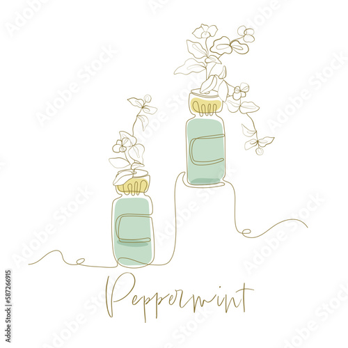 ペパーミントと精油の瓶のボタニカルな線画イラスト