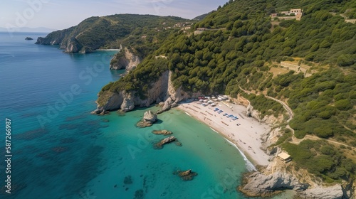 High angle beach photo captured from above showcasing the stunning ocean, coastline, and serene tropical scenery. Perfect for vacation and travel themes. Generative AI