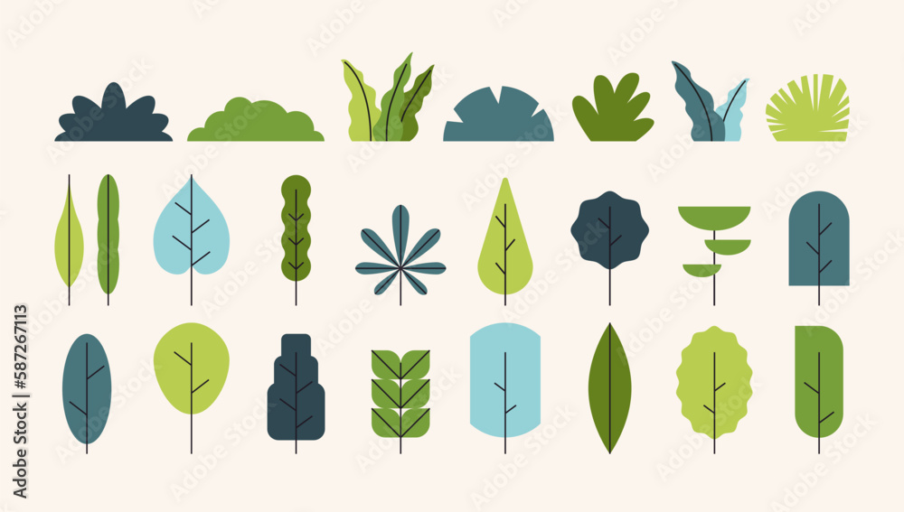 Simple trees bushes. Cartoon forest plants with foliage, minimal flat shrub botanical garden nature elements. Vector set