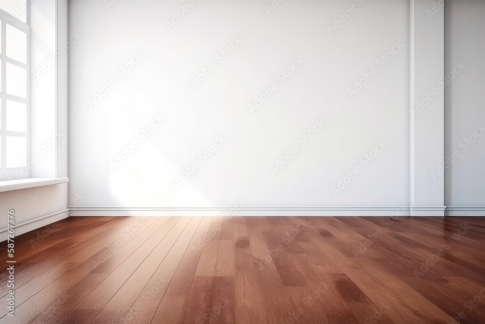 Blank room white wall and wooden floor background with Generative AI Blank room white wall and wooden floor background with Generative AI