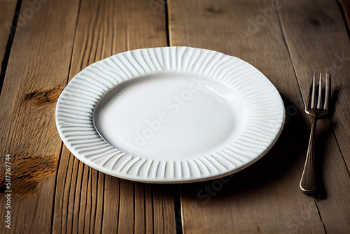 Empty white ceramic plate with a fork on a wooden table. Generative AI