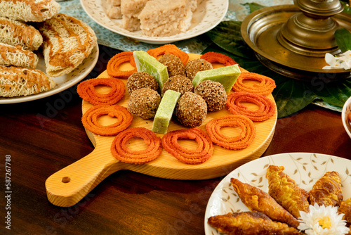 Murukku, Kokis, Kewum, Aluwa and Aasmi. Sri Lankan Traditional Sweet Food Table