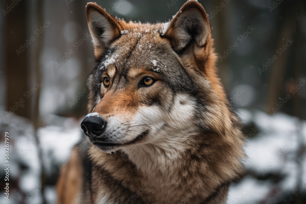 A wolf (Canis lupus) in a winter forest, captured in close up. Generative AI