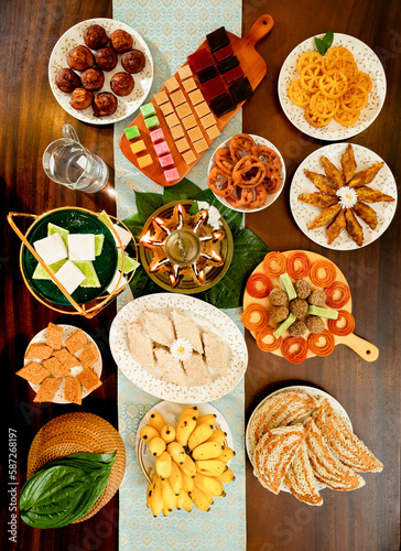 Kokis, Kewum, Aluwa and Aasmi. Sri Lankan Traditional Aurudu Sweet Food Table, Top View