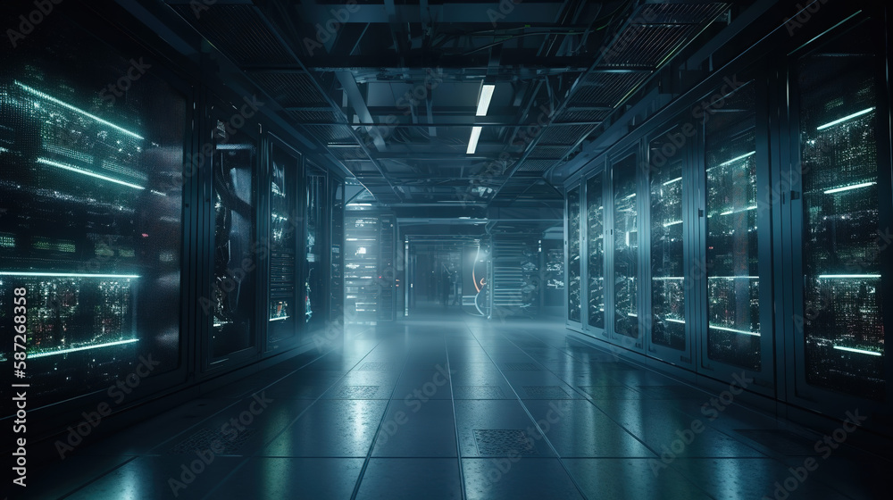 Interior of Data Center with multiple rows of server racks. Cloud computing, artificial neural intelligence, database, super computer technology concept. Generative ai