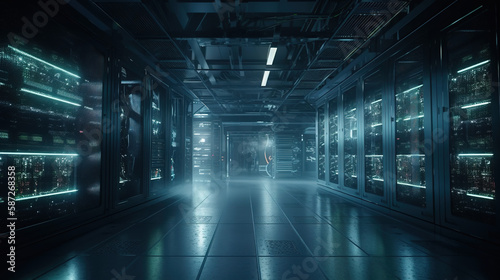 Interior of Data Center with multiple rows of server racks. Cloud computing, artificial neural intelligence, database, super computer technology concept. Generative ai