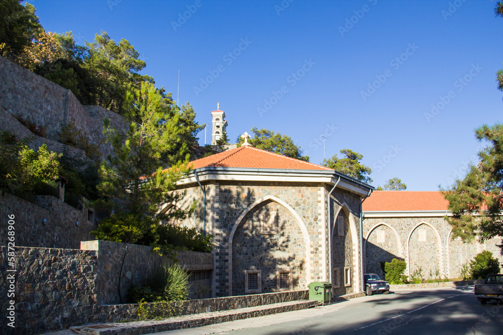Fototapeta premium Beautiful view of the Trooditissa monastery in the Cedar Valley Nature Reserve in Cyprus