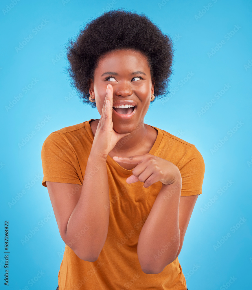 Black woman, drama and secret gossip in studio, sharing exciting confidential news on blue background. Deal announcement, whisper and happy African girl with afro, discussion isolated in privacy. Black woman, drama and secret gossip in studio, sharing exciting confidential news on blue background. Deal announcement, whisper and happy African girl with afro, discussion isolated in privacy.