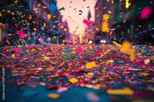 Colorful Confetti Celebration with Bokeh Sky Background for Carnival, Generative AI