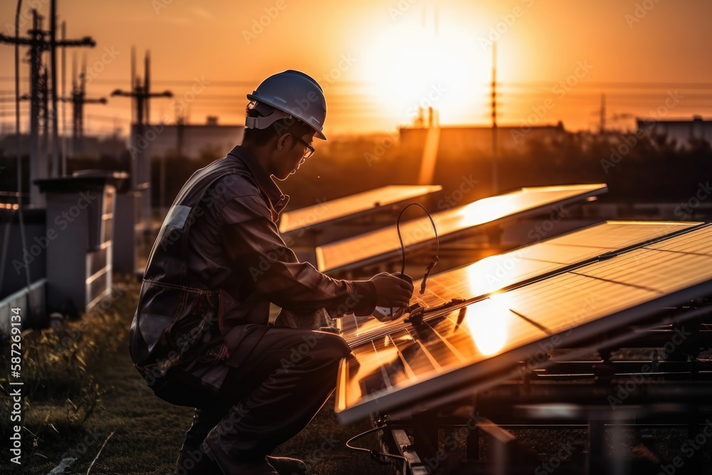 Silhouette of a Solar Panel Technician Working, Renewable Energy, Sustainability, Sun, Sunset, Background, Generative AI Silhouette of a Solar Panel Technician Working, Renewable Energy, Sustainability, Sun, Sunset, Background, Generative AI