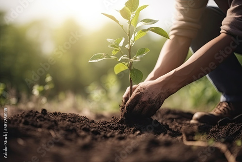 Person pflanzt einen Baum in der Natur an einem schönen Tag im Garten, Generative AI 