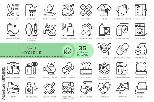 Set of conceptual icons. Vector icons in flat linear style for web sites, applications and other graphic resources. Set from the series - Hygiene. Editable outline icon.	
