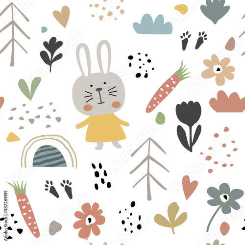 Modern Seamless pattern from set of children s primitive drawings  rabbit and various elements in pastel colors. Cute design flat style on white background
