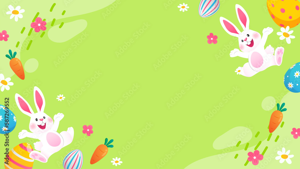 Happy Easter frame background Vector illustration. Cute bunny jumping with easter eggs on green background Happy Easter frame background Vector illustration. Cute bunny jumping with easter eggs on green background