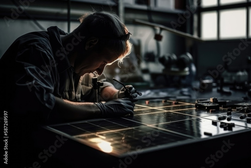 Technician Working on Solar Panels, Factory, Industry, Background, Generative AI