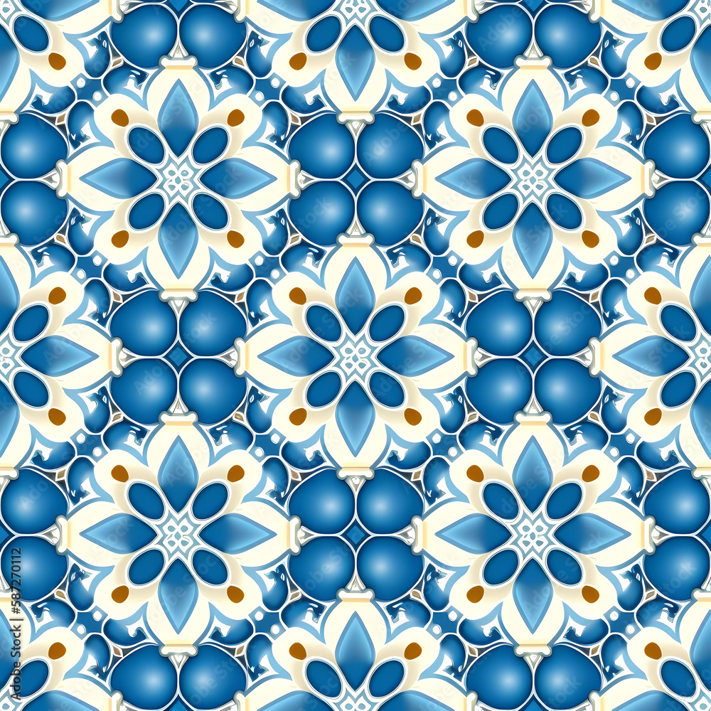 Portuguese azulejo ceramic tile seamless pattern, Blue background. Generative AI illustration.