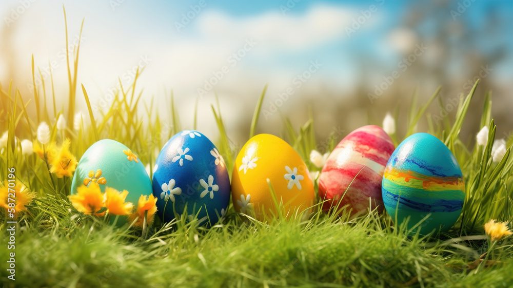 Easter eggs in the grass on a sunny spring meadow with flowers, blue sky background