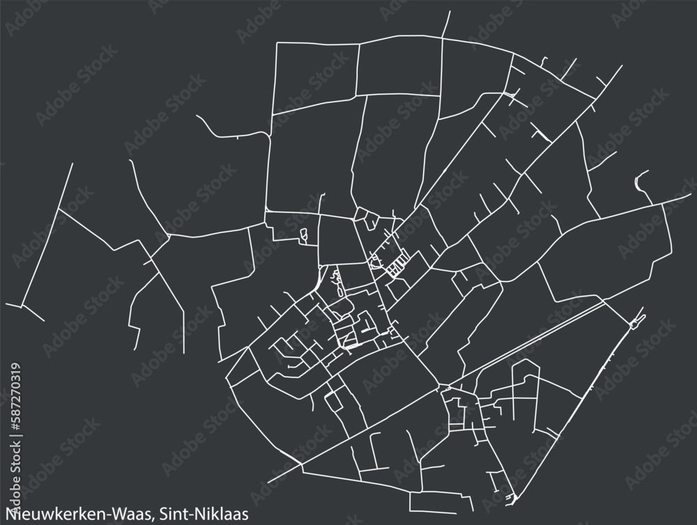 Detailed hand-drawn navigational urban street roads map of the NIEUWKERKEN-WAAS MUNICIPALITY of the Belgian city of SINT-NIKLAAS, Belgium with vivid road lines and name tag on solid background