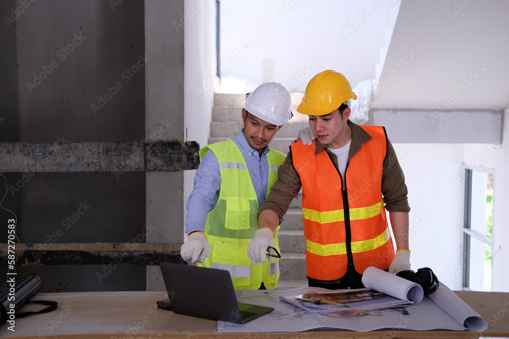Team of engineers working on a personal computer at a metallurgical workshop.