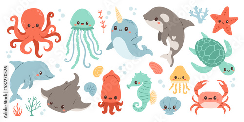 Set with hand drawn sea life elements. Vector doodle cartoon set of marine life objects for your design. 