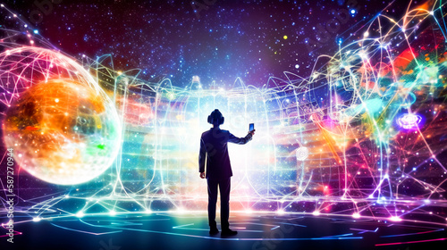 Silhouette of a person exploring vibrant star maps in the metaverse; augmented or virtual reality; snapping a selfie; created with Generative AI.