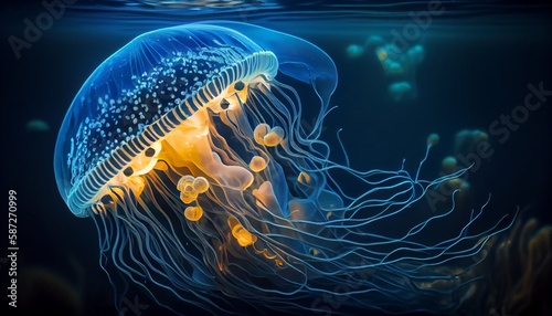 Realistic jellyfish blue lightening, poisonous jellyfish in dark deep water with glowing plankton, deep ocean creature,