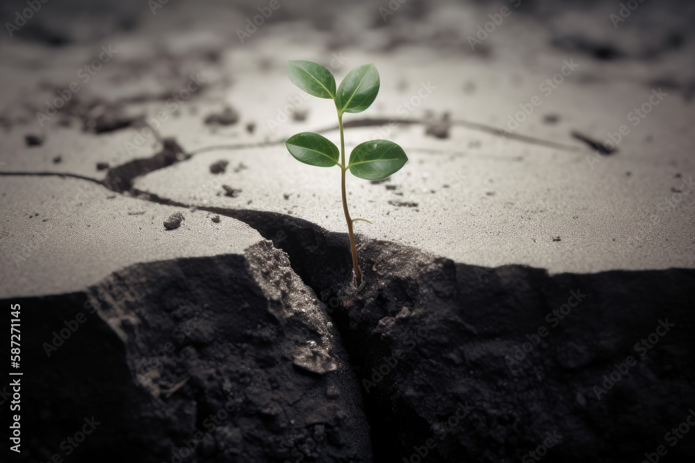 young evolving plant seedling growing out of craced concrete with city skyline in the background symbolizing nature taking back the rural environment, generative AI young evolving plant seedling growing out of craced concrete with city skyline in the background symbolizing nature taking back the rural environment, generative AI