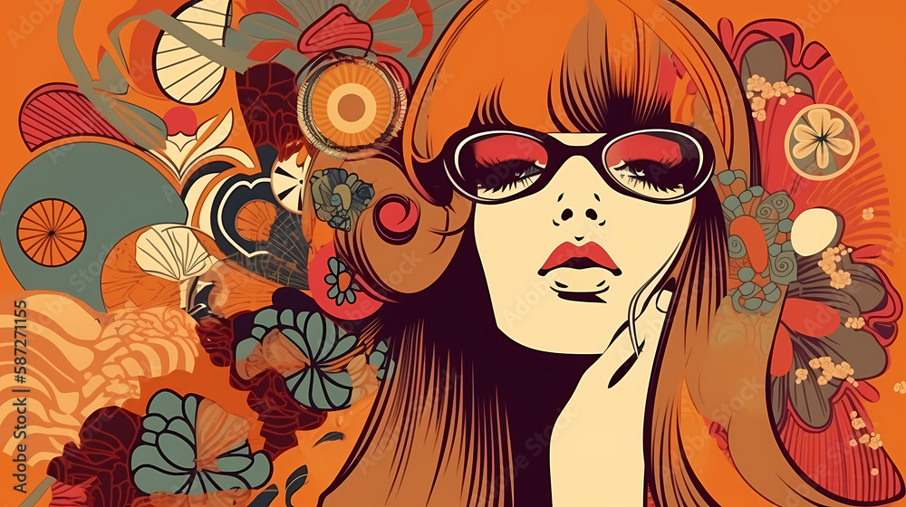 Poster of animated woman recreations with a 70s retro style AI generated illustration
