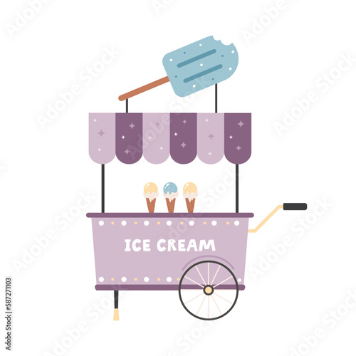 Vector illustration of colorful kiosk, carriage with ice cream
