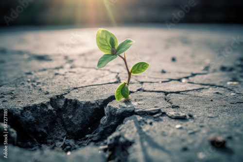 young evolving plant seedling growing out of craced concrete with city skyline in the background symbolizing nature taking back the rural environment, generative AI #587271185