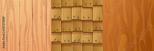 Set wooden material, textured surface wood comic background in cartoon style. Wall, panel for game, ui design