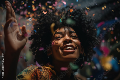 Celebrating happiness, young afro american woman dancing with big smile throwing confetti. Party, holidays and birthday concept. Generative AI