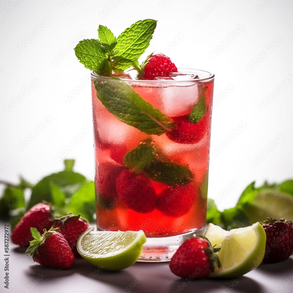 Alcoholic red cocktail strawberry mojito with berries, lime slices and mint leaves. Generative AI, generative artificial intelligence